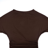 Women Autumn/Winter Asymmetrical Off-Shoulder Stacked Gathered Long-Sleeved Top and Cropped Pants Two-Piece Set