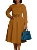 Women's Autumn Winter Solid Color Round Neck  Floral A-line Dress