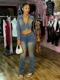 Denim Stretch Long Sleeve Jacket Flared Pants Set