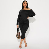 Women Autumn/Winter Asymmetrical Off-Shoulder Stacked Gathered Long-Sleeved Top and Cropped Pants Two-Piece Set