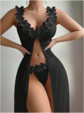 Women's Seductive Lingerie Set Low-Cut Floral See-Through Mesh Lace Slit Long Dress
