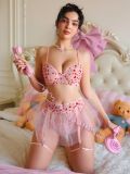 Women's Mesh Double-Sided Flocked Heart Print Flared Skirt Lingerie Set