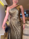 Women Sexy Pleated Slash Shoulder Sleeveless One-Shoulder Dress