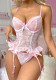 Women's Pink Lace Print Mesh Ruffle Patchwork Garter Lingerie Set