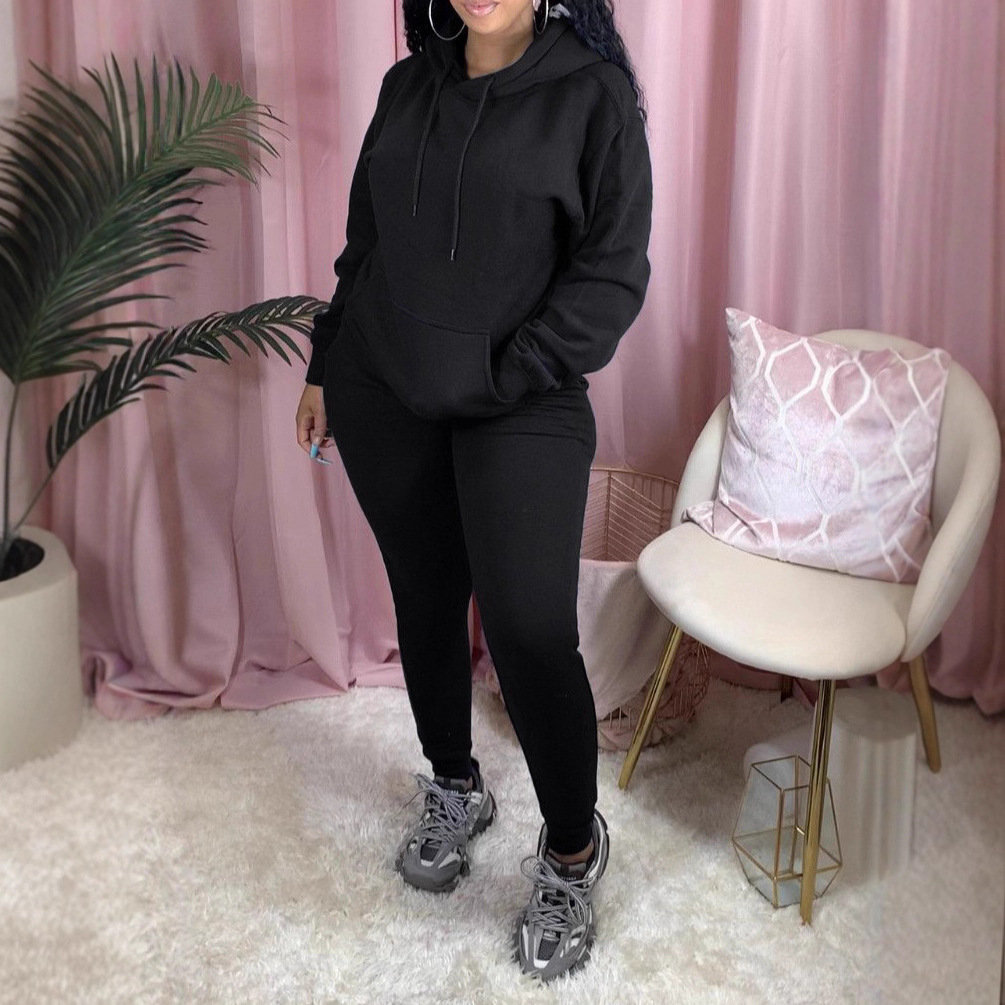 Women's Autumn Winter Sportswear Solid Color Two-Piece Fleece Hooded Jogging Set