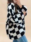 Plus Size Women Winter Black and White Check Coat Sweater