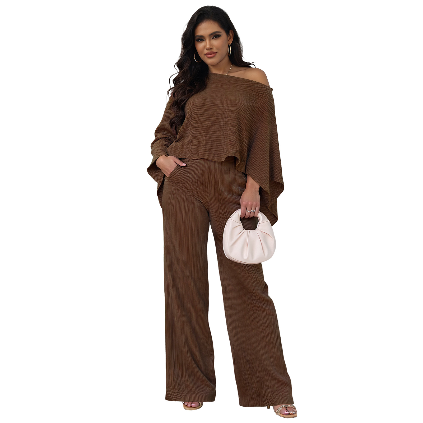Women's Fashion Set Stretch Crinkle Bat Sleeve One-Sleeve Top Wide-Leg Pants