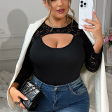 Plus Size Women Lace Patchwork Long-Sleeved Jumpsuit