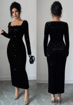 Women's Autumn Winter Fully Sequined Velvet Square Neck Slim Waist Black Dress