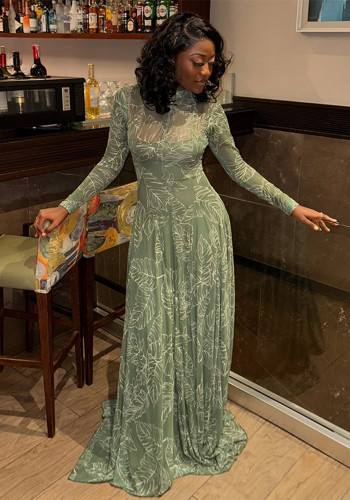 Women's Summer Vintage Slim Waist Print A-Line Stand Collar Dress