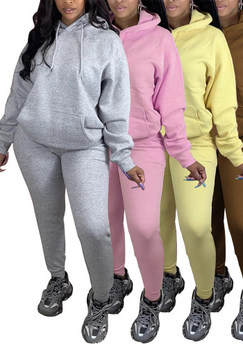 Women's Autumn Winter Sportswear Solid Color Two-Piece Fleece Hooded Jogging Set