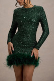 Women Sexy Long-Sleeved Solid Sequin Feather Round Neck Dress