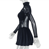 Women Solid Stand Collar Long-Sleeved Mini Pleated Dress