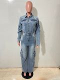 Women Cargo Pants Washed Denim Jumpsuit