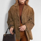 Women Spring Brown Pocket Long-Sleeved Blazer Jacket