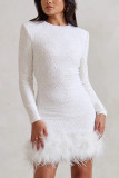 Women Sexy Long-Sleeved Solid Sequin Feather Round Neck Dress