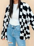 Plus Size Women Winter Black and White Check Coat Sweater