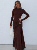 Women Autumn/Winter Solid Round Neck Long-Sleeved Metallic Pleated Bodycon Dress
