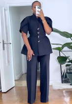Women's Autumn Fashion Two-Piece Set Stand Collar Single-Breasted Slim Waist Shirt with Straight Pants