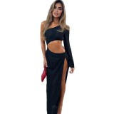 Women Crop Top and Sexy Slit Skirt Two-Piece Set
