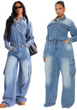 Women Cargo Pants Washed Denim Jumpsuit