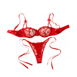 Women's Romantic Heart Print Embroidery See-Through Bow Lace-Up Mesh Satin Lingerie Set