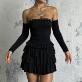 Women Autumn/Winter Long-Sleeved Strapless Off-Shoulder Dress