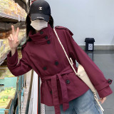 Women Autumn Belt Long-Sleeved Solid Stand Collar Trench Coat