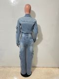 Women Cargo Pants Washed Denim Jumpsuit