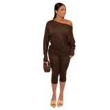 Women Autumn/Winter Asymmetrical Off-Shoulder Stacked Gathered Long-Sleeved Top and Cropped Pants Two-Piece Set