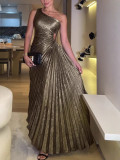 Women Sexy Pleated Slash Shoulder Sleeveless One-Shoulder Dress