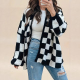Plus Size Women Winter Black and White Check Coat Sweater