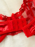 Women's Romantic Heart Print Embroidery See-Through Bow Lace-Up Mesh Satin Lingerie Set