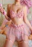Women's Mesh Double-Sided Flocked Heart Print Flared Skirt Lingerie Set