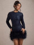 Women Sexy Long-Sleeved Solid Sequin Feather Round Neck Dress