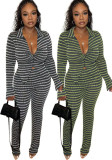 Women Autumn/Winter Striped Long-Sleeved Top and Pant Two-Piece Set