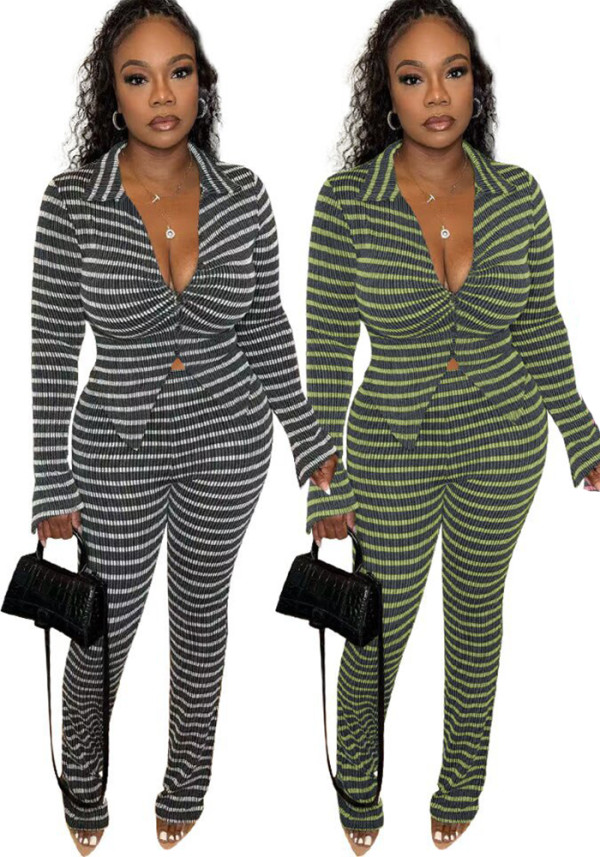 Women Autumn/Winter Striped Long-Sleeved Top and Pant Two-Piece Set