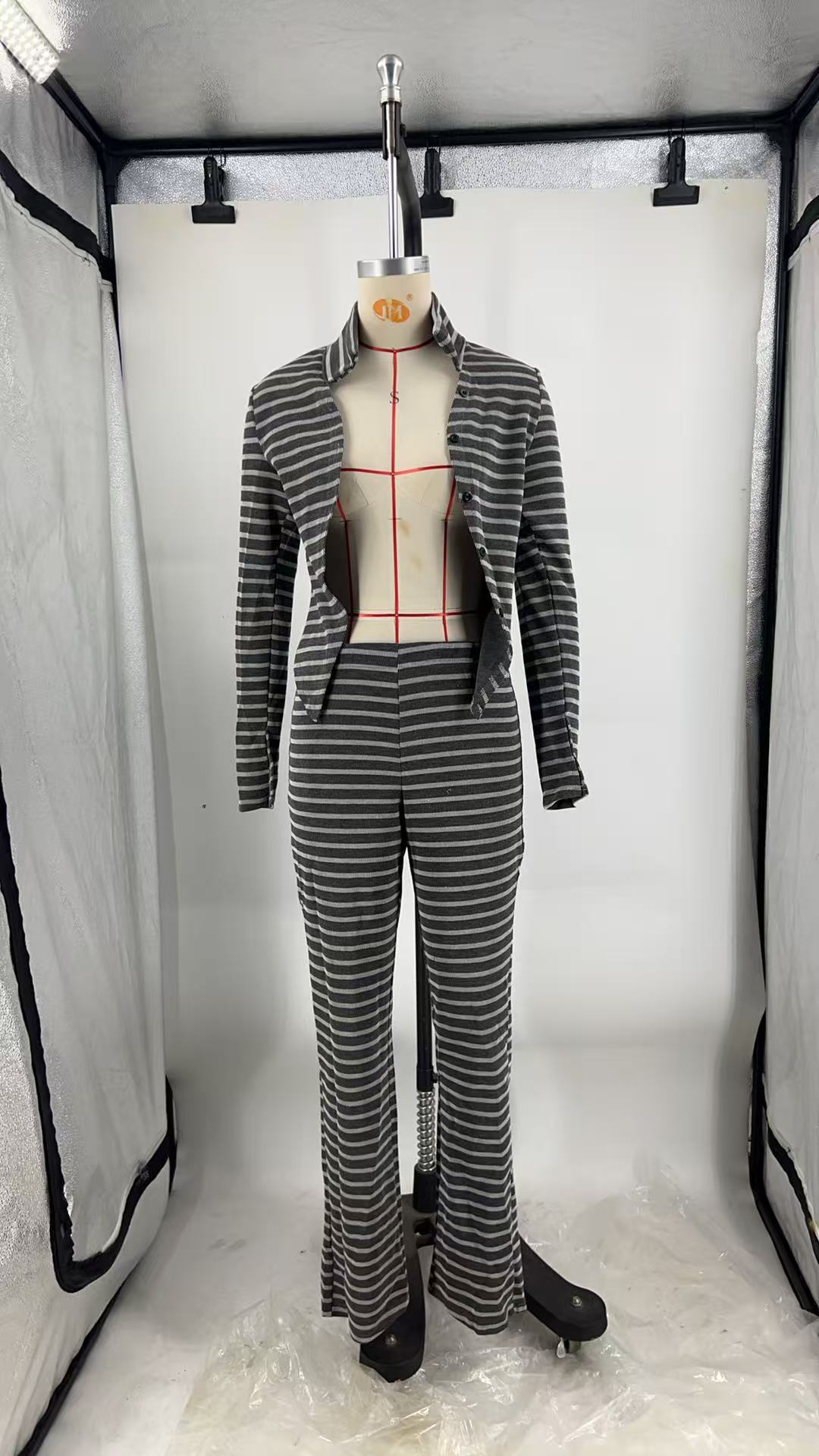 Women Autumn/Winter Striped Long-Sleeved Top and Pant Two-Piece Set