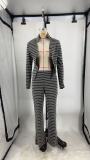 Women Autumn/Winter Striped Long-Sleeved Top and Pant Two-Piece Set