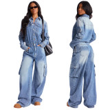 Women Cargo Pants Washed Denim Jumpsuit