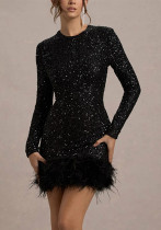 Women Sexy Long-Sleeved Solid Sequin Feather Round Neck Dress Women Sexy Long-Sleeved Solid Sequin Feather Round Neck Dress