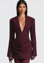 Women Autumn/Winter Solid V Neck Turndown Collar Pleated Blazer Dress