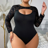 Plus Size Women Lace Patchwork Long-Sleeved Jumpsuit