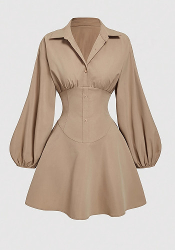 Women Summer Sexy Turndown Collar Long Sleeve Puff Sleeve Shirt Dress