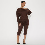 Women Autumn/Winter Asymmetrical Off-Shoulder Stacked Gathered Long-Sleeved Top and Cropped Pants Two-Piece Set