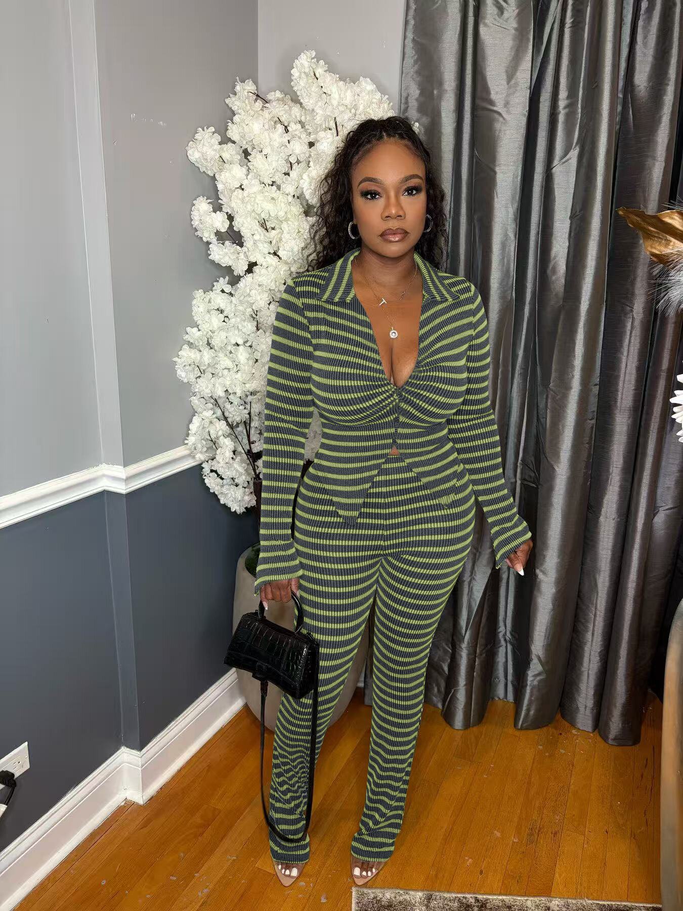 Women Autumn/Winter Striped Long-Sleeved Top and Pant Two-Piece Set