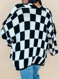 Plus Size Women Winter Black and White Check Coat Sweater
