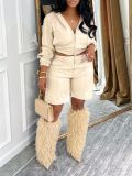 Women's Autumn Winter Casual Fashion Hooded Leather Jacket and Shorts  Set