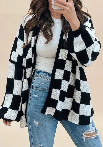 Plus Size Women Winter Black and White Check Coat Sweater