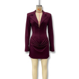 Women Autumn/Winter Solid V Neck Turndown Collar Pleated Blazer Dress